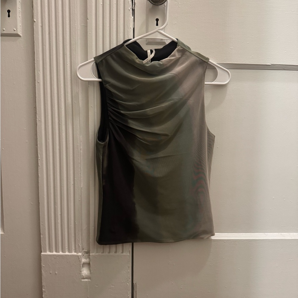 Anthropologie Green and Tan Ruched Sleeveless Blouse